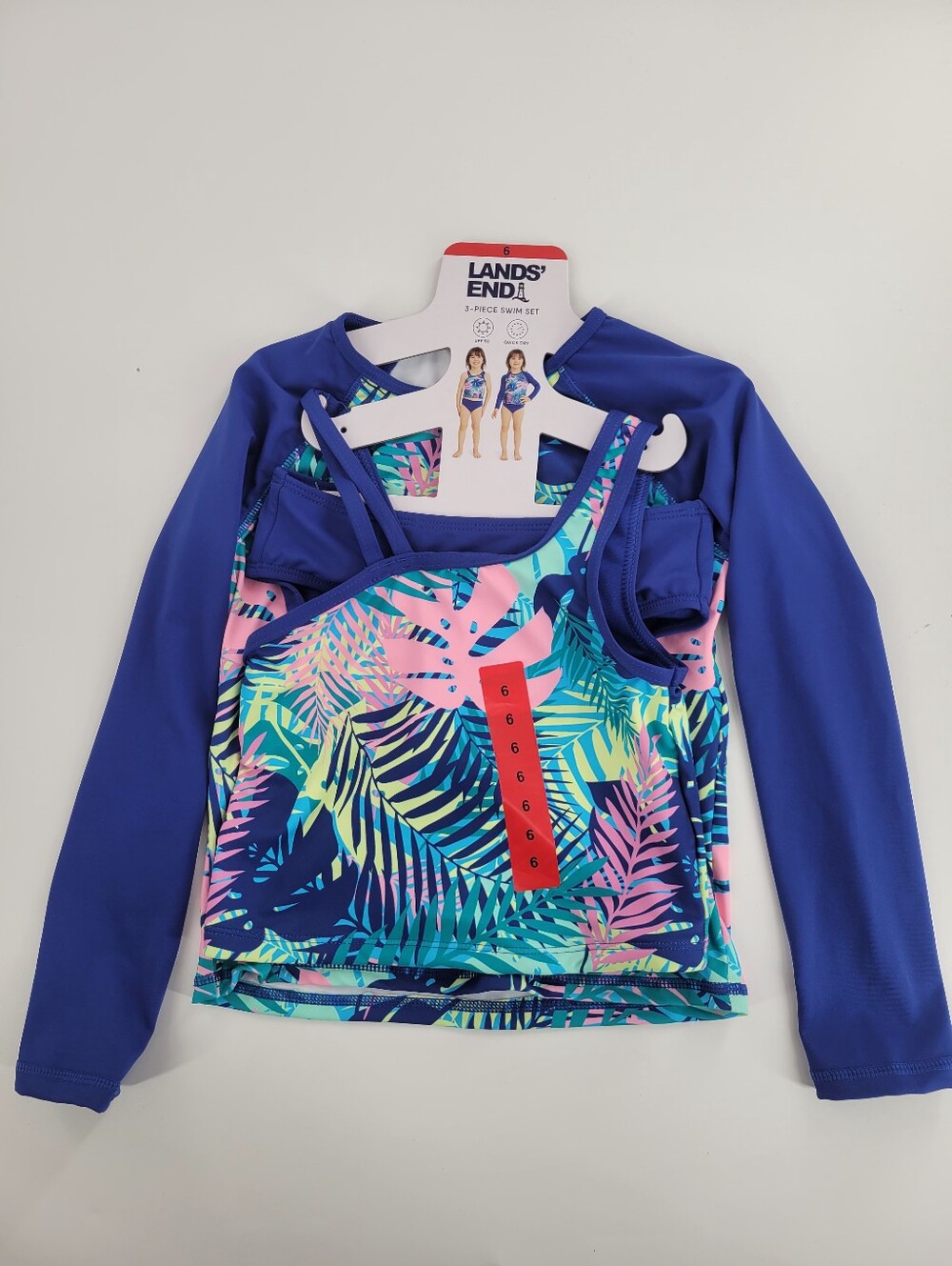 Lands' End Girls' 3pc Blue Tropical Print Rash Guard Set New